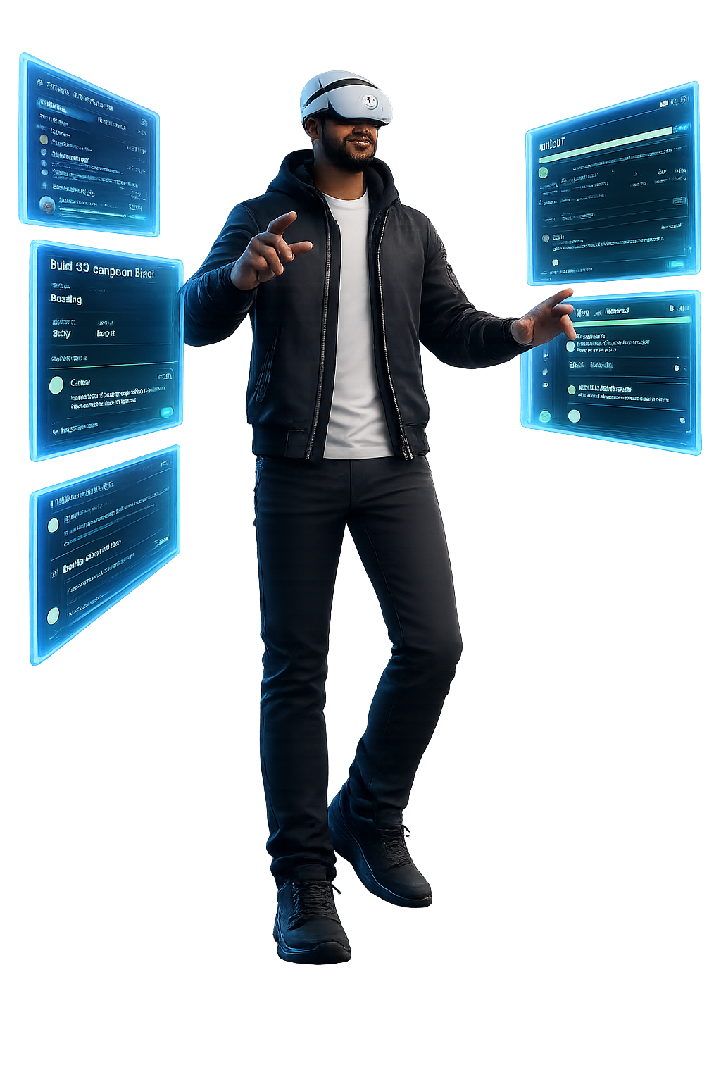Colby wearing a Meta headset and controlling virtual business and development screens