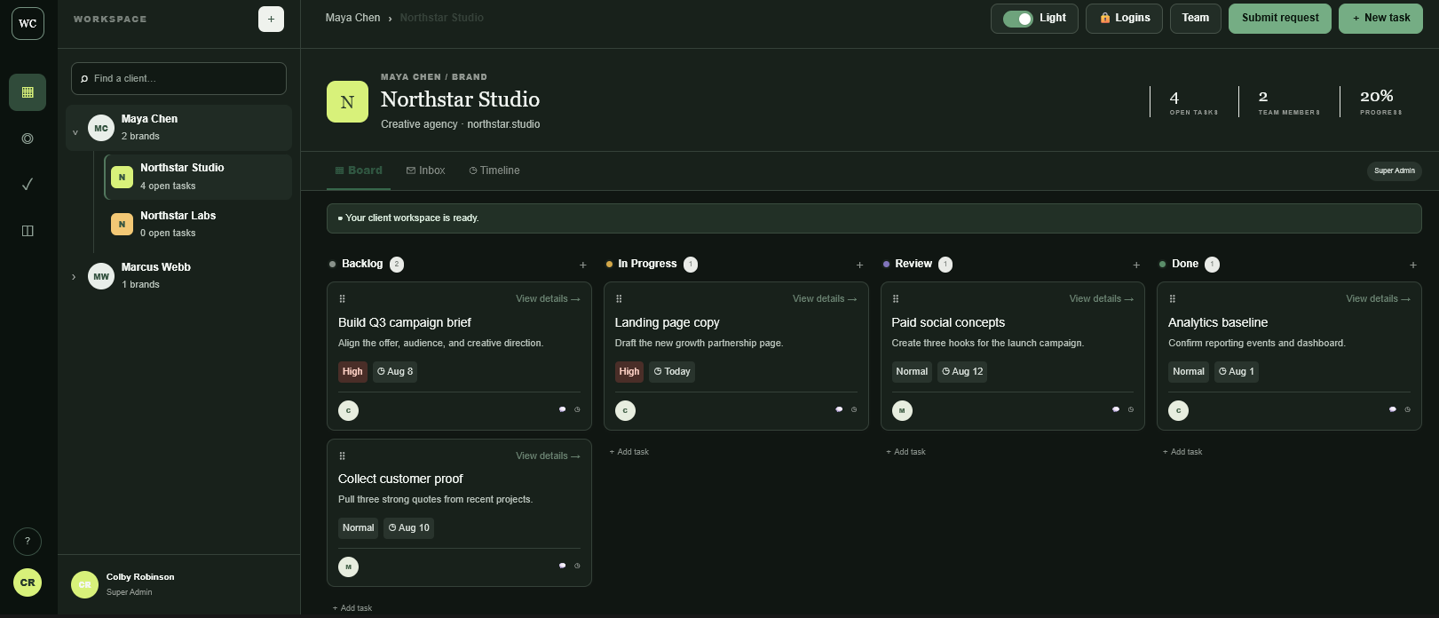 Real Work with Colby client workspace showing backlog, in-progress, review and completed tasks