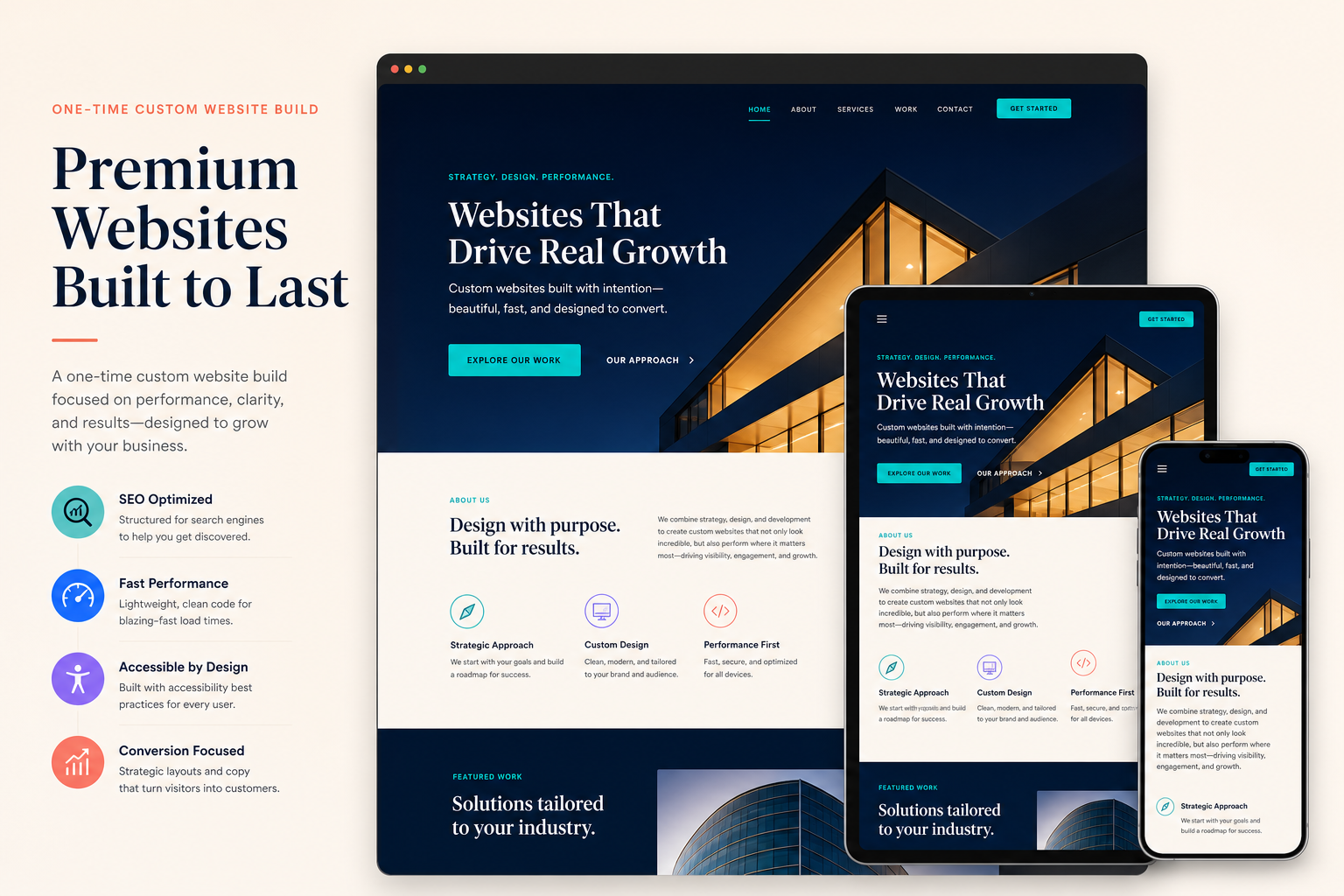 Responsive custom website demonstrated on desktop, tablet and mobile